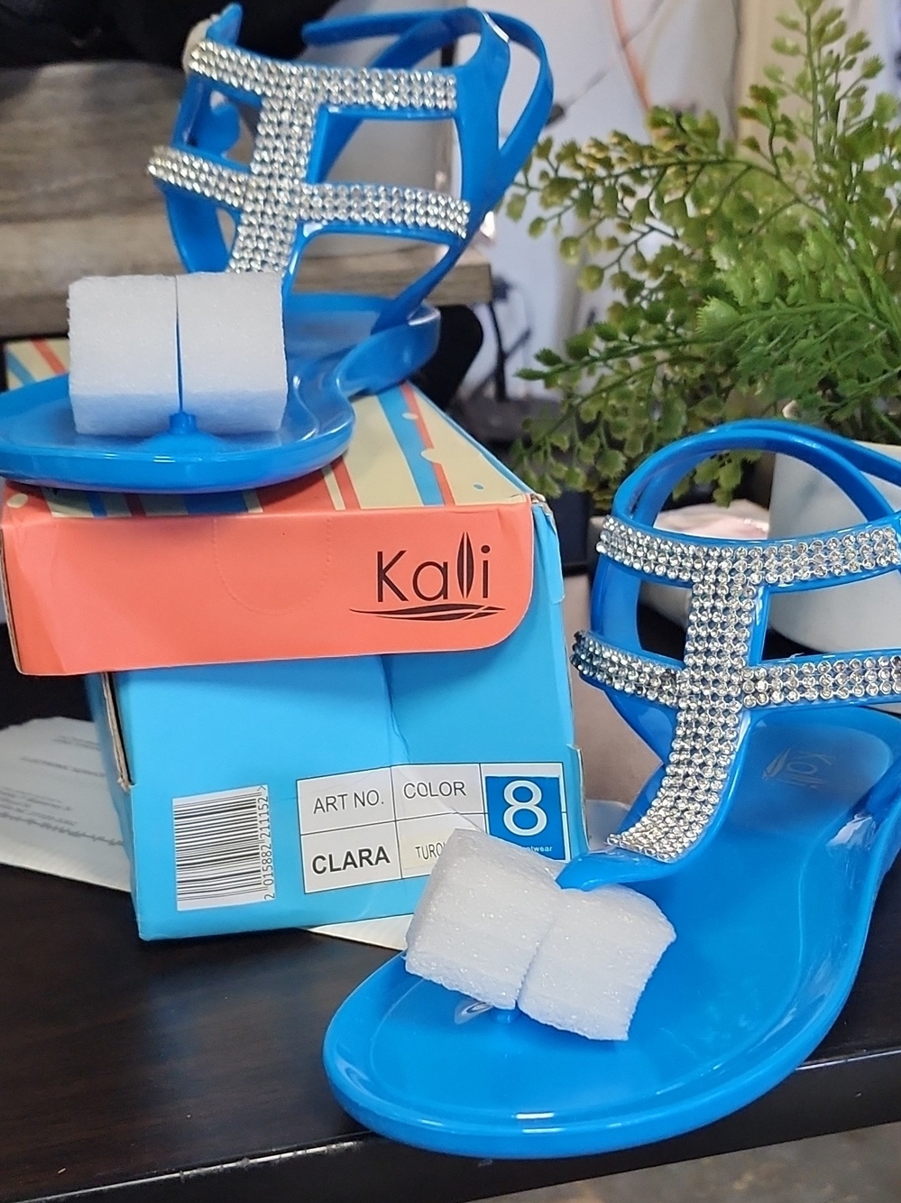 Kali Turquoise Blue Rhinestone T-Strap Sandals